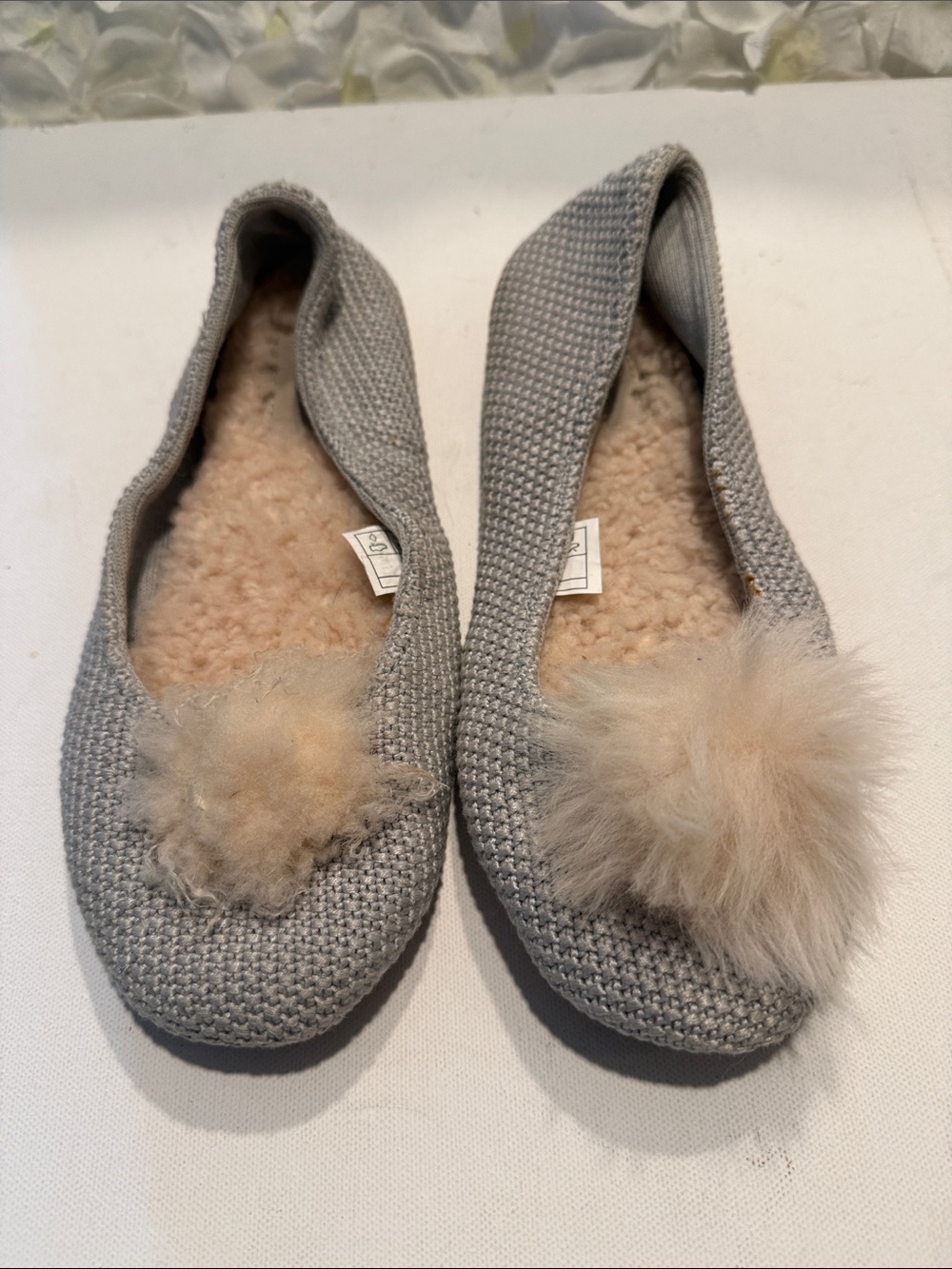 UGG Gray Knit Pom Pom Lined Slippers